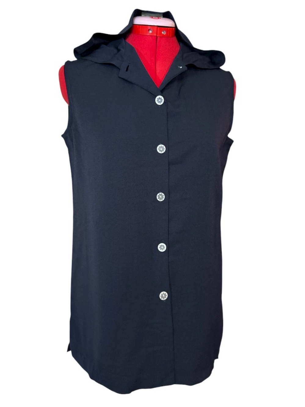 Vintage Jessica Navy Blue Sleeveless Hooded Button-down Blouse Shirt Size Small
